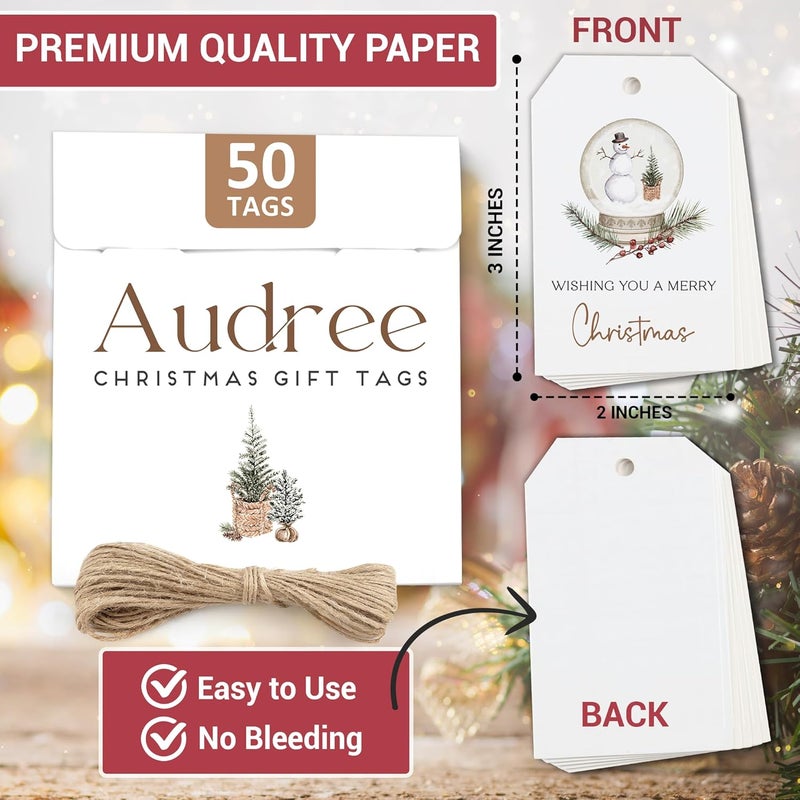 AUDREE 50 Pcs Christmas Gift Tags with String - Cozy Holiday Gift Tags for Xmas Presents - Christmas Name Tags for Gifts - Hanging Labels Decoration Xmas Winter Holiday Present DIY Crafts - Image 2